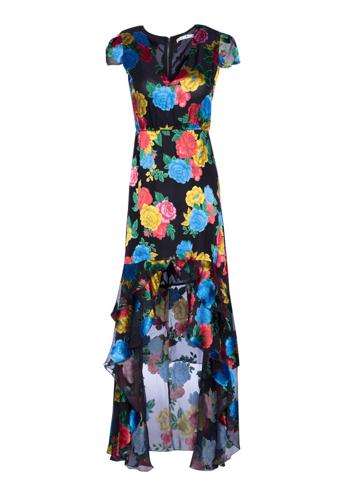 ERIKA RUFFLE MIDI DRESS - CAMELLIA BOUQUET BLK/MULTI