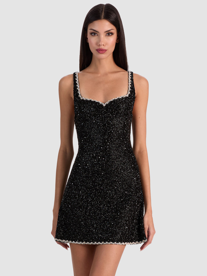 EVE EMBELLISHED MINI DRESS - BLACK