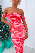 Fairy Floral Off Shoulder Ruched Bodycon Midi Party Dress