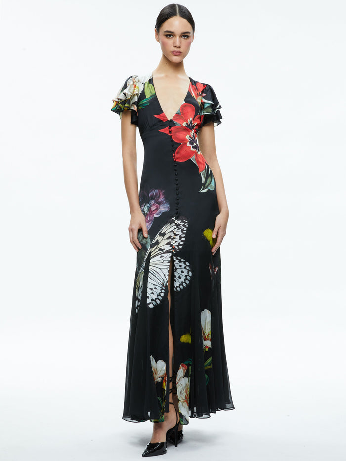 FARA DEEP V-NECK FLUTTER SLEEVE MAXI DRESS - ESSENTIAL FLORAL