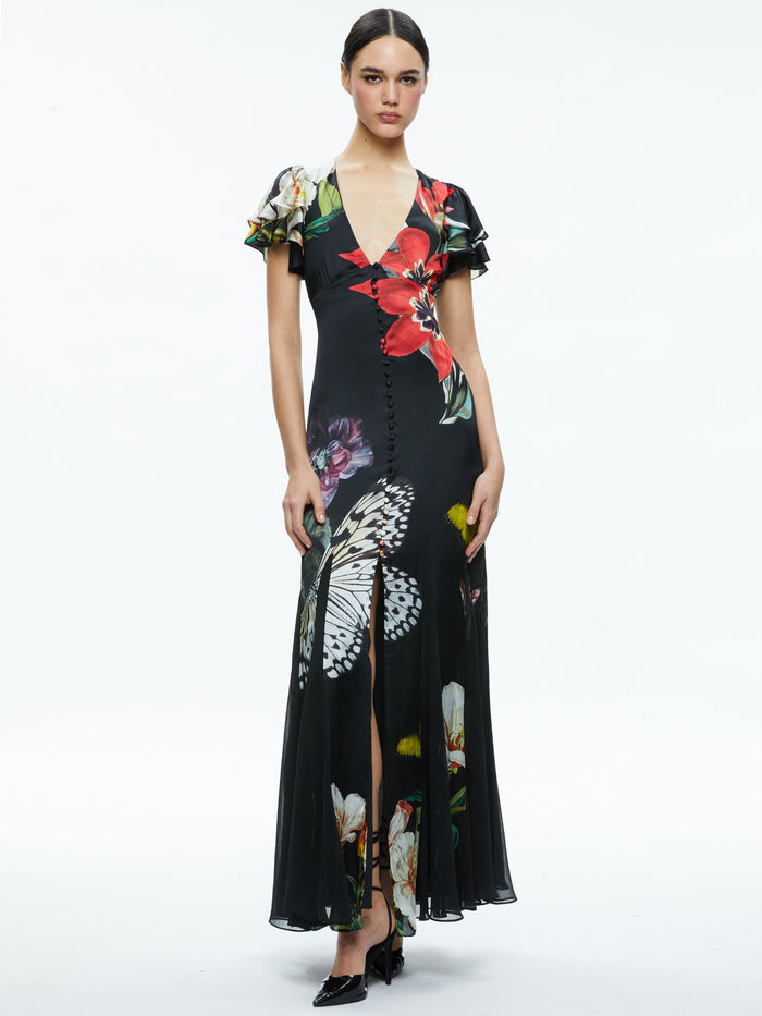 FARA DEEP V-NECK FLUTTER SLEEVE MAXI DRESS - ESSENTIAL FLORAL