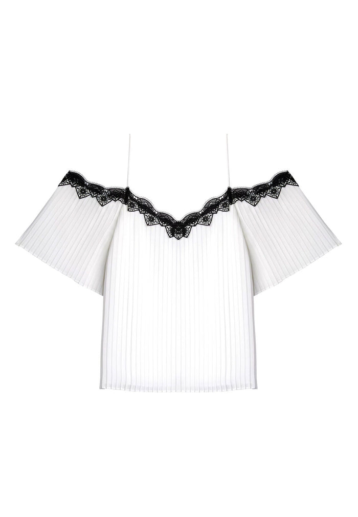 FEFE COLD SHOULDER PLEATED BLS - OFF WHITE/BLACK