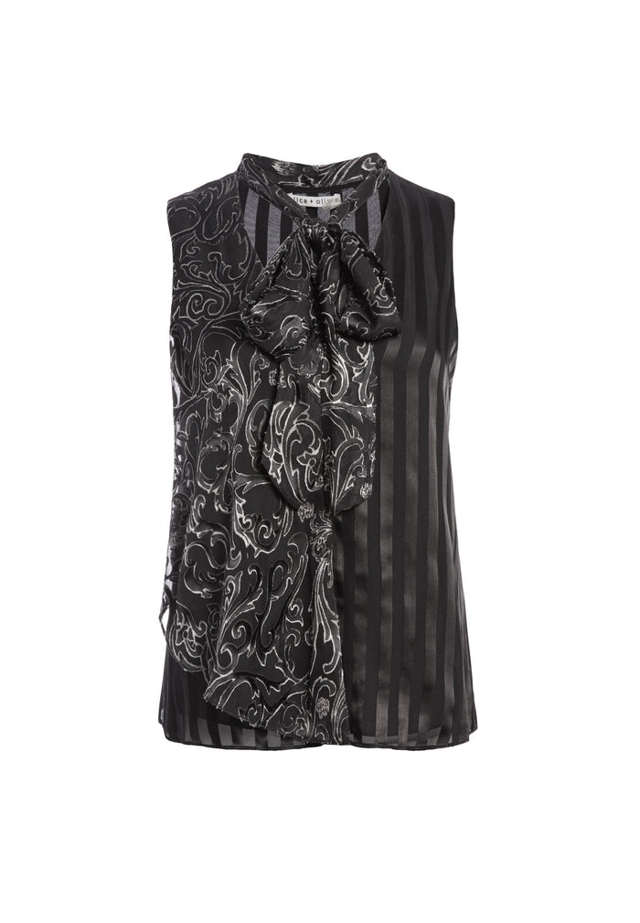 FIFI TIE NK ASYMM DRAPE TANK - SHADOW STRIPE BLACK