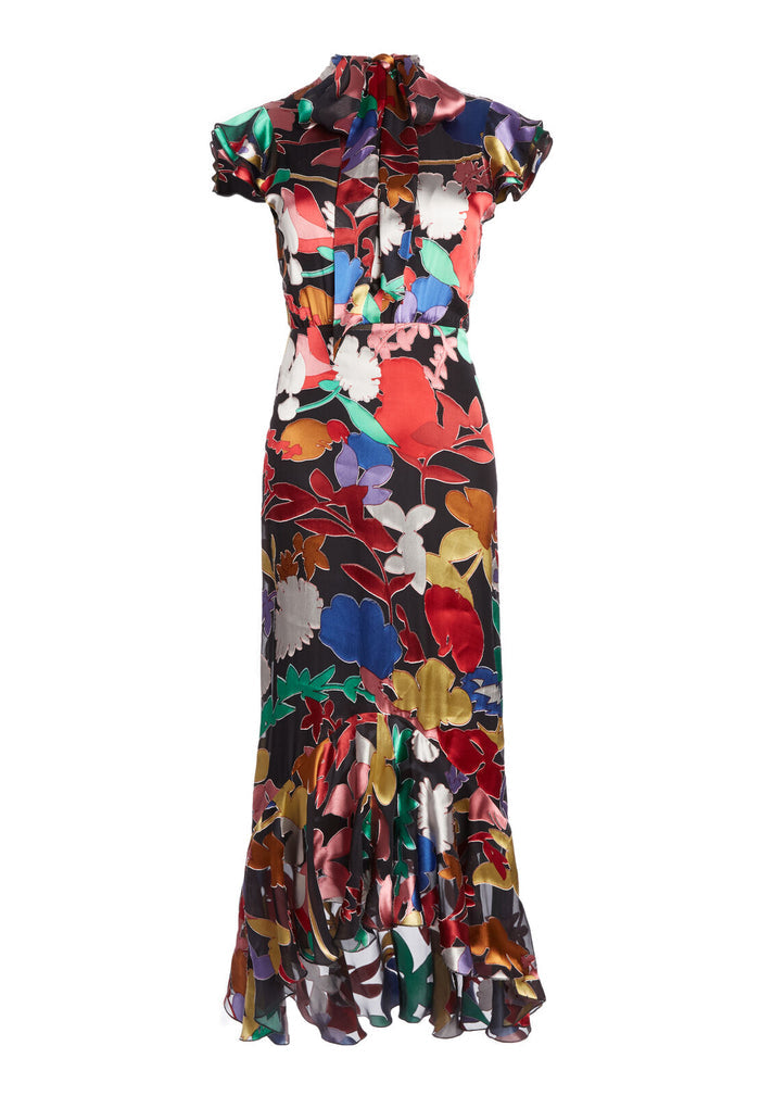 GRETA RUFFLE HEM MIDI DRESS - RAINBOW LEAF BLACK
