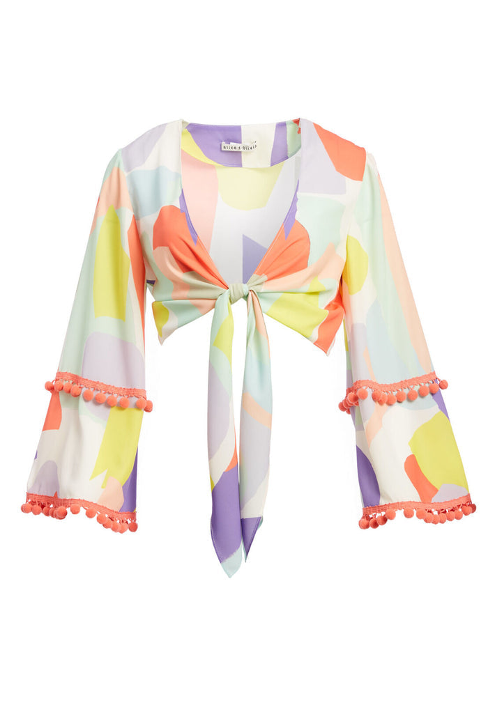 HAIDEE TIE FT BELL SLV BLOUSE - GEO COLLAGE CREAM/MULTI
