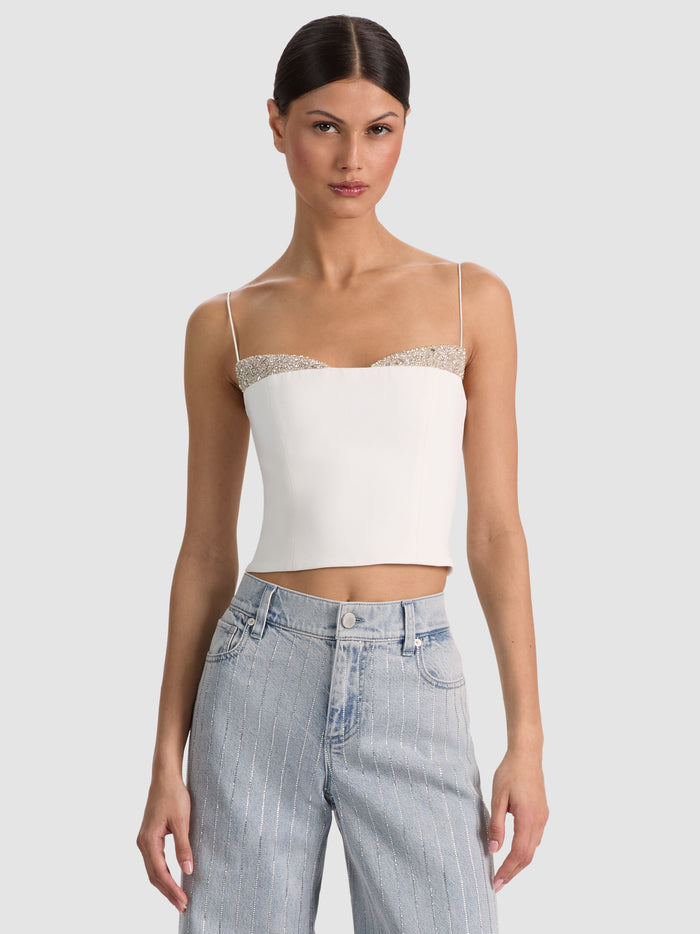 HALLIE EMBELLISHED PEEKABOO TOP - OFF WHITE/CRYSTAL