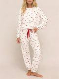 Heart-print Lace-up Pajama Set With Long Sleeves And Long Pants For Loungewear