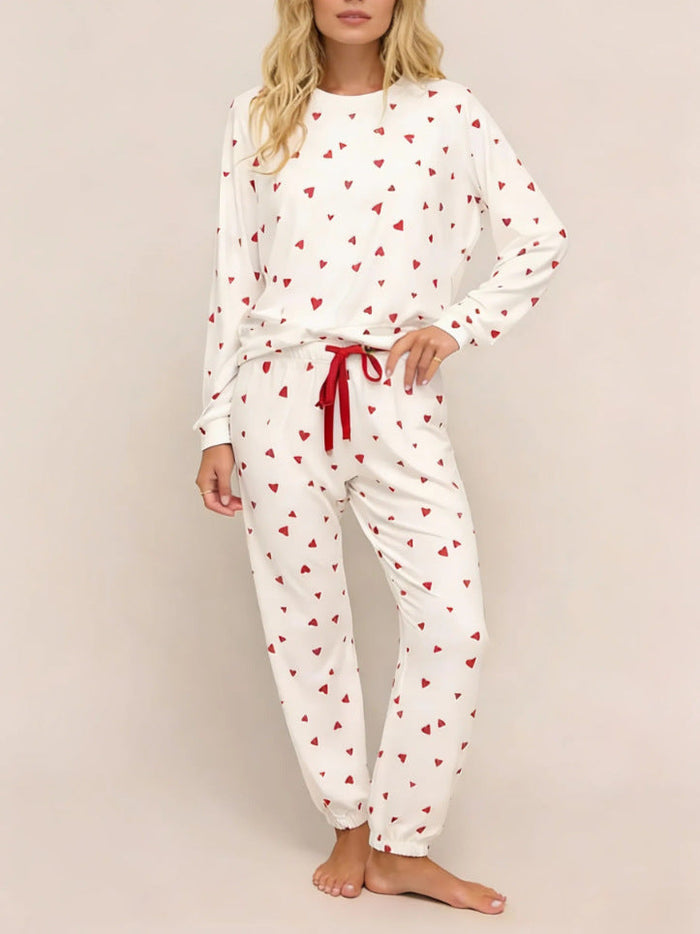 Heart-print Lace-up Pajama Set With Long Sleeves And Long Pants For Loungewear