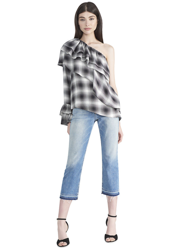HILARIA PLAID ONE SHOULDER BLOUSE - BLACK/WHITE