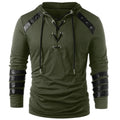 Hoodie Men Lace-Up V-Neck Faux Leather Panels Long Sleeve Casual Wear