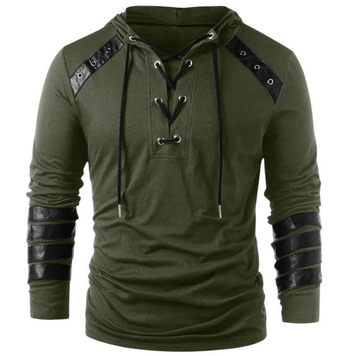 Hoodie Men Lace-Up V-Neck Faux Leather Panels Long Sleeve Casual Wear