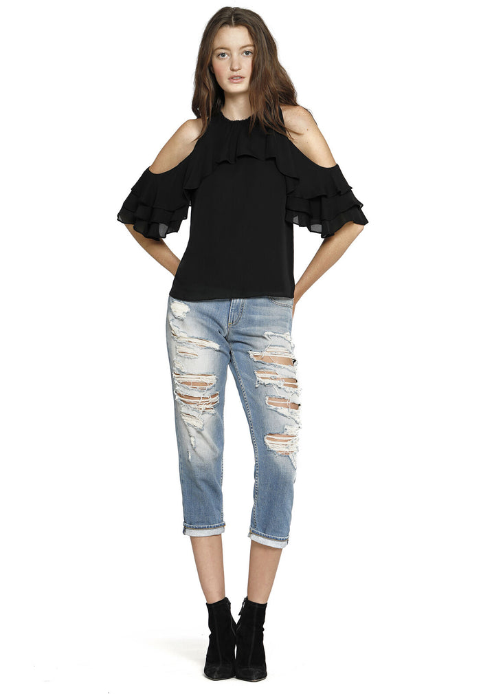 IDALLA COLD SHLDR RUFFLE BLSE - BLACK