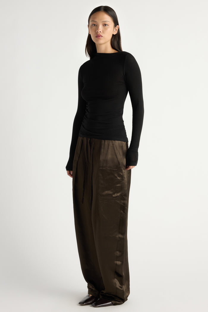 May-Li | Indira Satin Drawstring Barrel-Leg Pant in Size Small