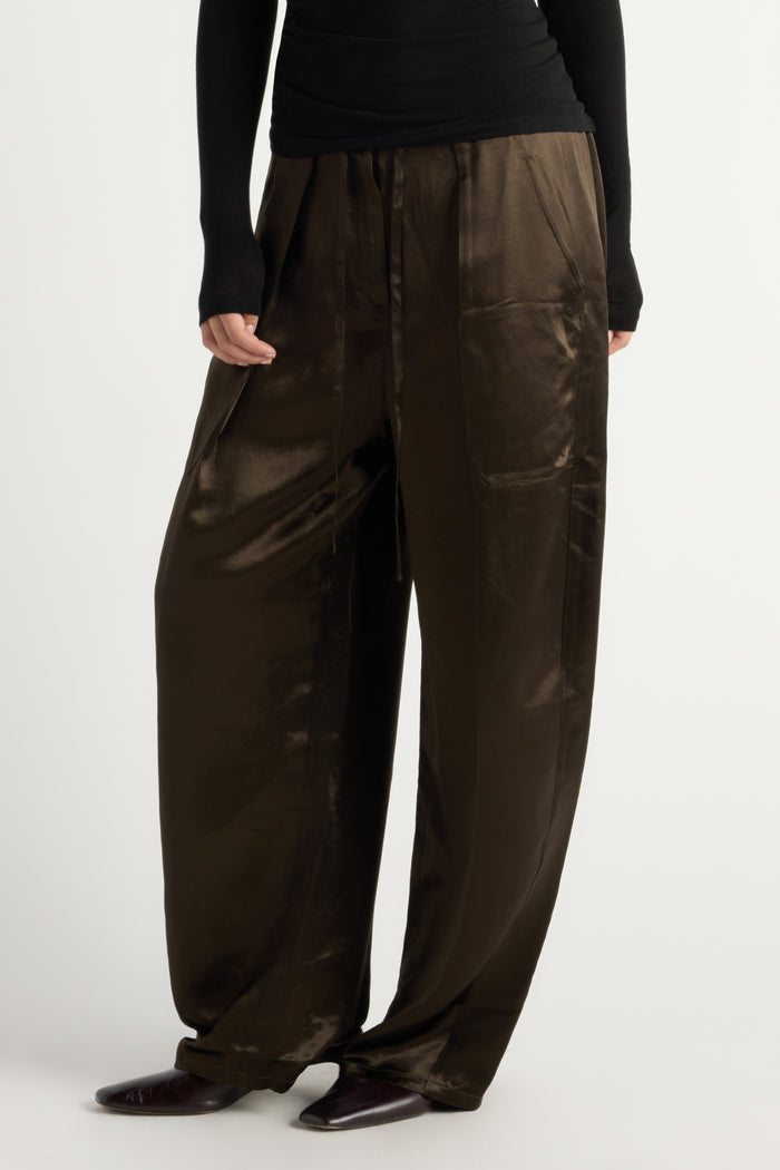 May-Li | Indira Satin Drawstring Barrel-Leg Pant in Size Small