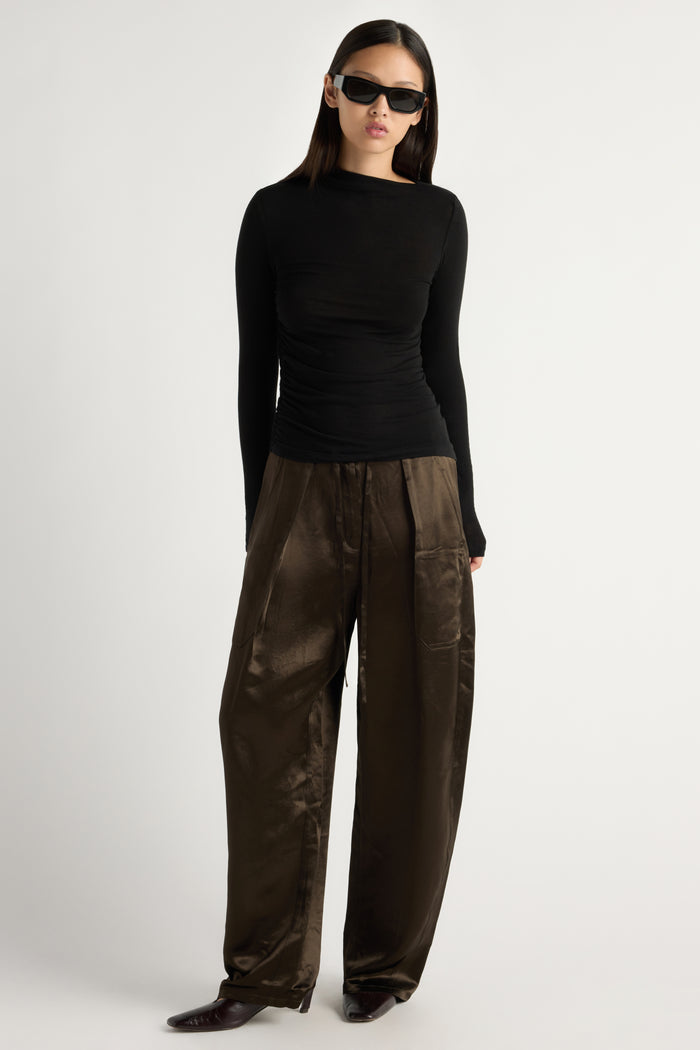 May-Li | Indira Satin Drawstring Barrel-Leg Pant in Size Small