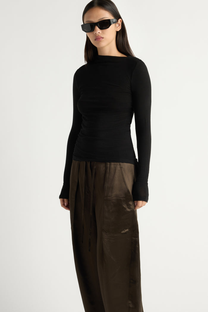 May-Li | Indira Satin Drawstring Barrel-Leg Pant in Size Small