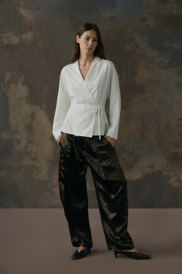 Beate | Indira Satin Drawstring Barrel-Leg Pant in Size Extra Small