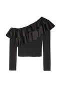 IZZY ONE SHLDR LS RFL CROP TOP - BLACK