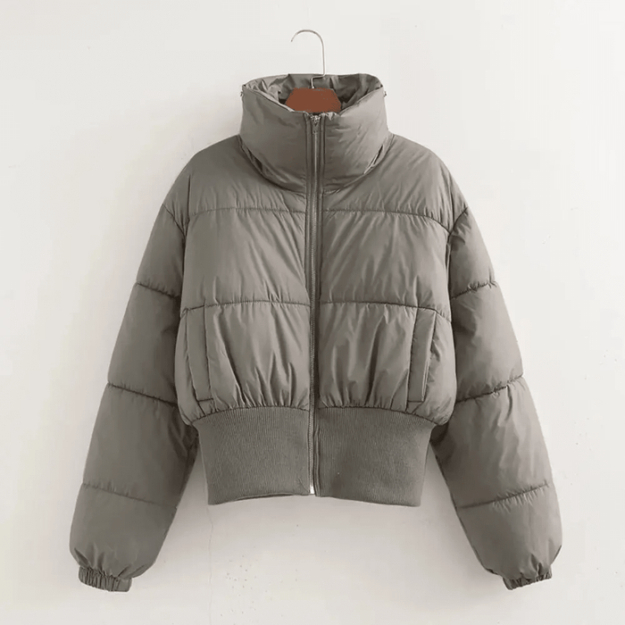 Jacket Women Cropped Puffer Zip Front High Neck Collar