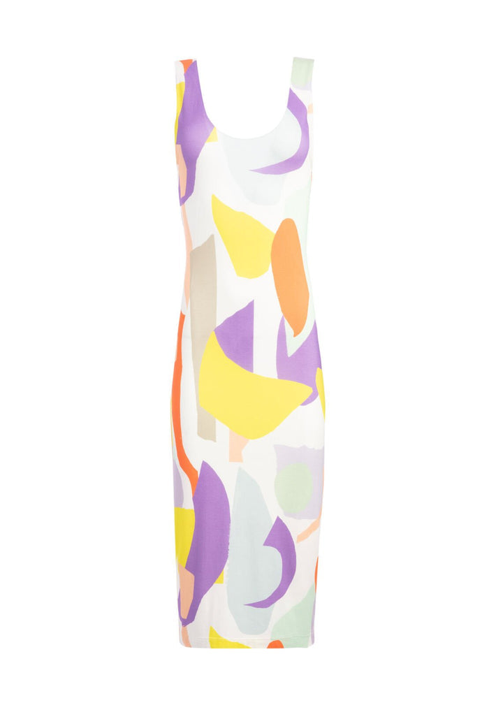 JAMES FITTED SCOOP NK DRESS - GEO COLLAGE CREAM/MULTI
