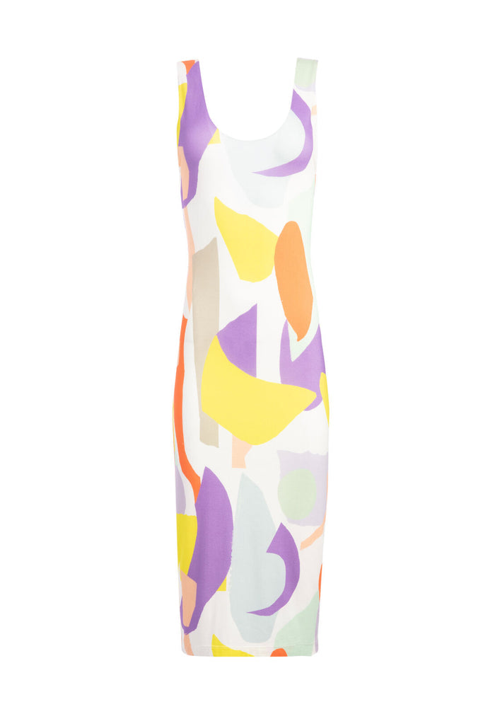 JAMES FITTED SCOOP NK DRESS - GEO COLLAGE CREAM/MULTI