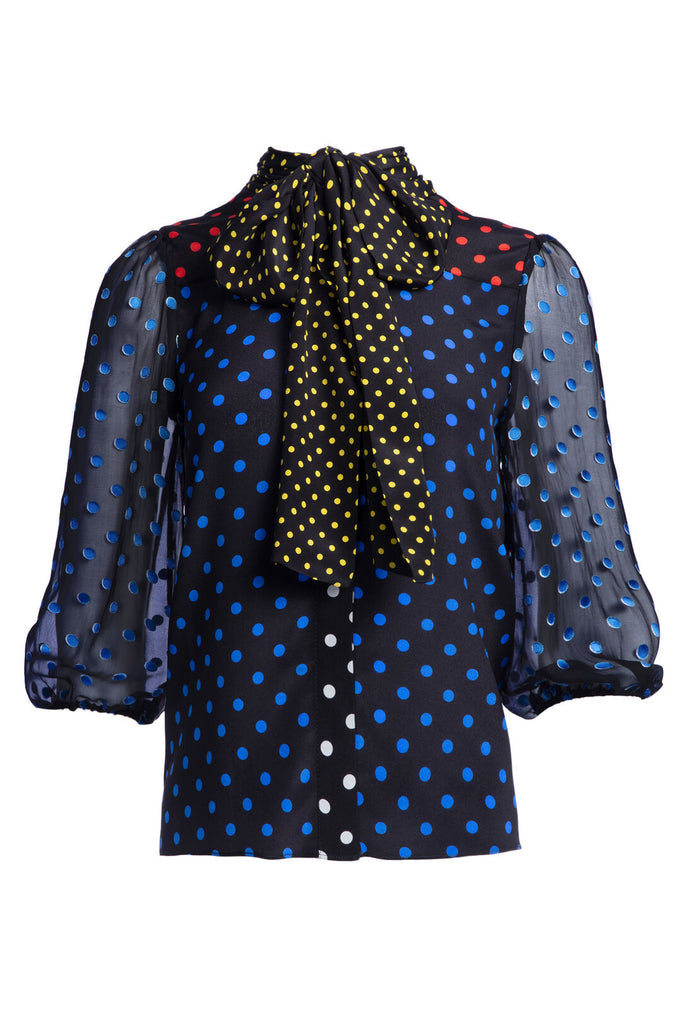 JEANNIE BOW COLLAR BUTTON DOWN - MED POLKADOT BLK/COBALT