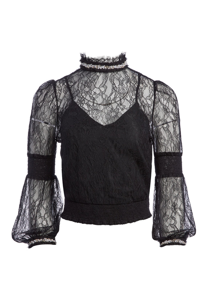 JEWEL CRYSTAL LACE BLOUSE - BLACK