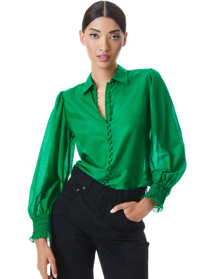 JOEY BUTTON FRONT BLOUSE - DARK EMERALD