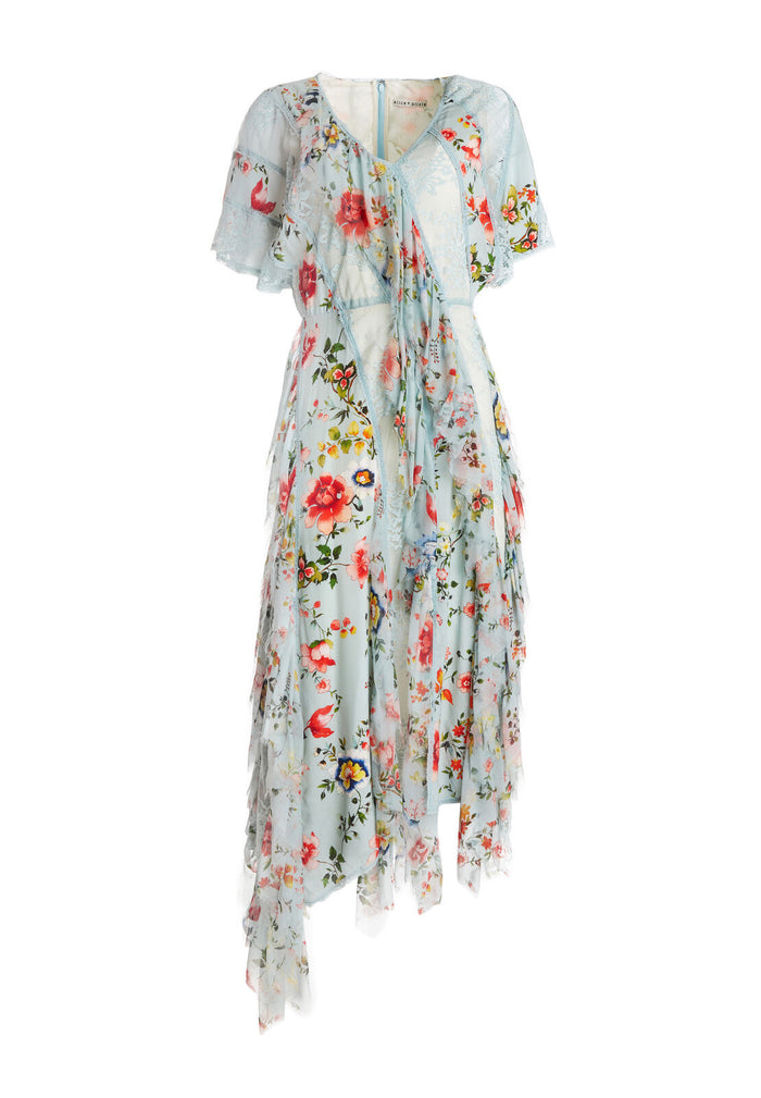 KADENCE ASYMM GODET DRESS - FLORAL SOIREE-DUSTY AQUA