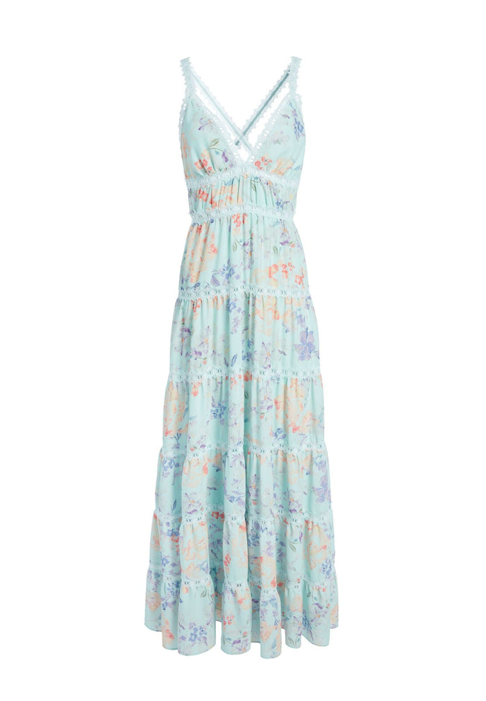 KAROLINA PANELED HLTR MAXI DRS - WATER PETAL VENUS BLUE/MULTI