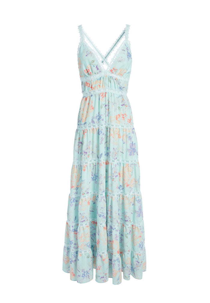 KAROLINA PANELED HLTR MAXI DRS - WATER PETAL VENUS BLUE/MULTI