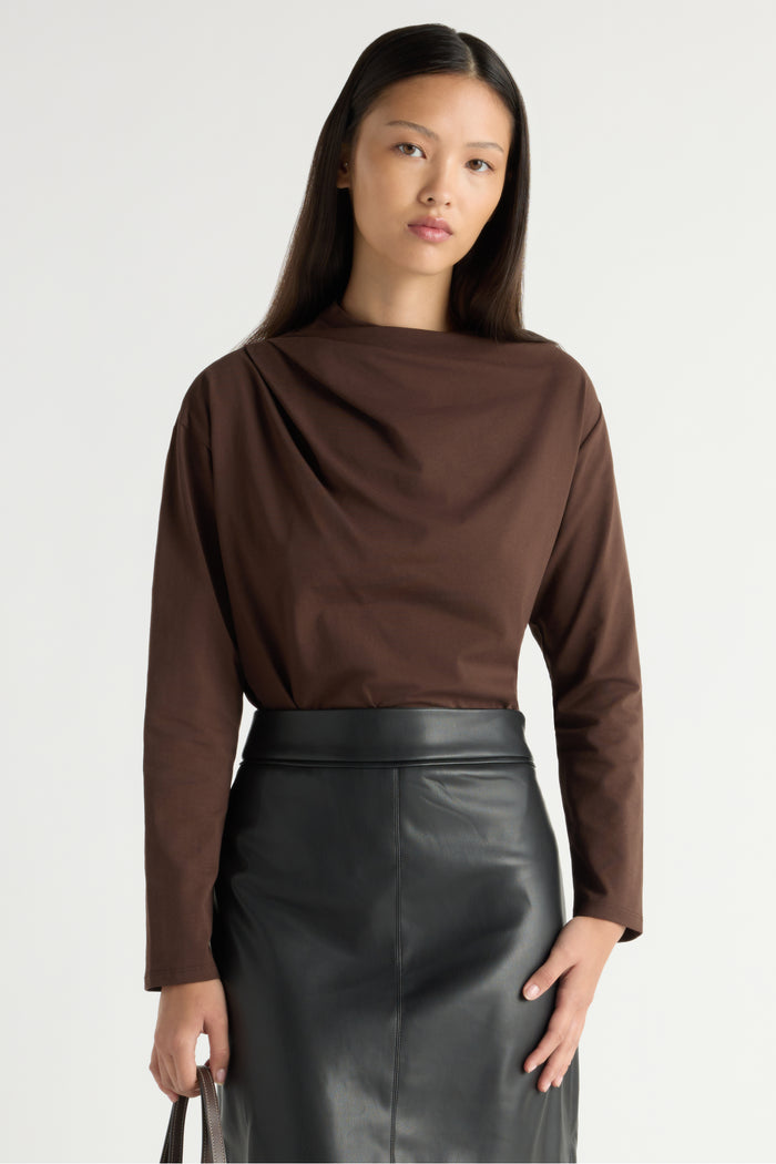 May-Li | Kenira Asymmetric-Neck Long-Sleeve Tee in Size Small