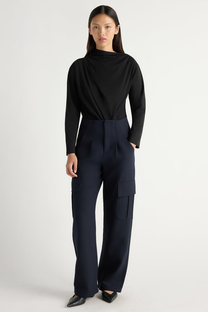 May-Li | Kenira Asymmetric-Neck Long-Sleeve Tee in Size Small