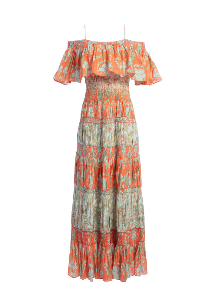 KIA SMOCKED CLD SHLDR MIDI DRS - GARDEN LATTICE CORAL/MULTI