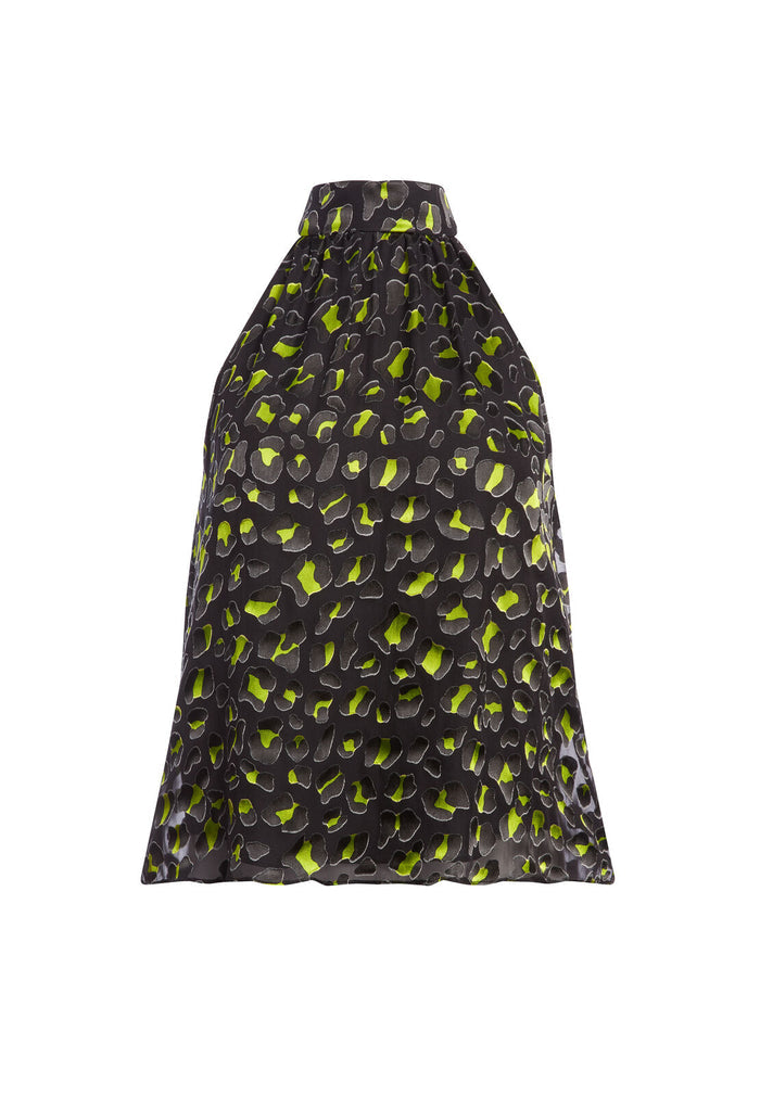KINSLEY GATHERED HALTER TOP - ABSTRACT LEOPARD ELCTRIC GREEN