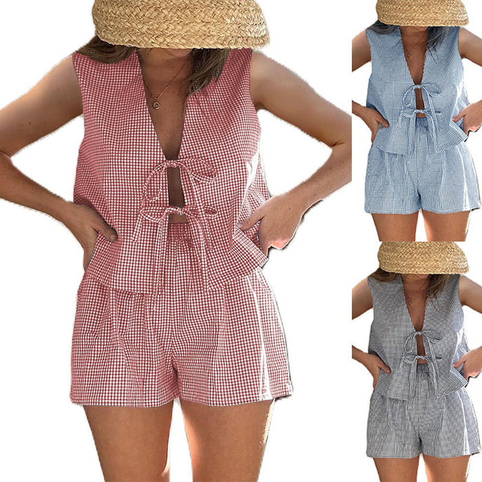 Lace-up Vest Elastic Waist Shorts Suit