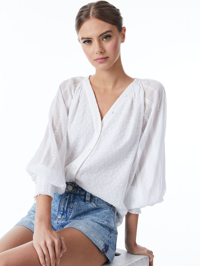 LANG EMBROIDERED BUTTON DOWN BLOUSE - WHITE