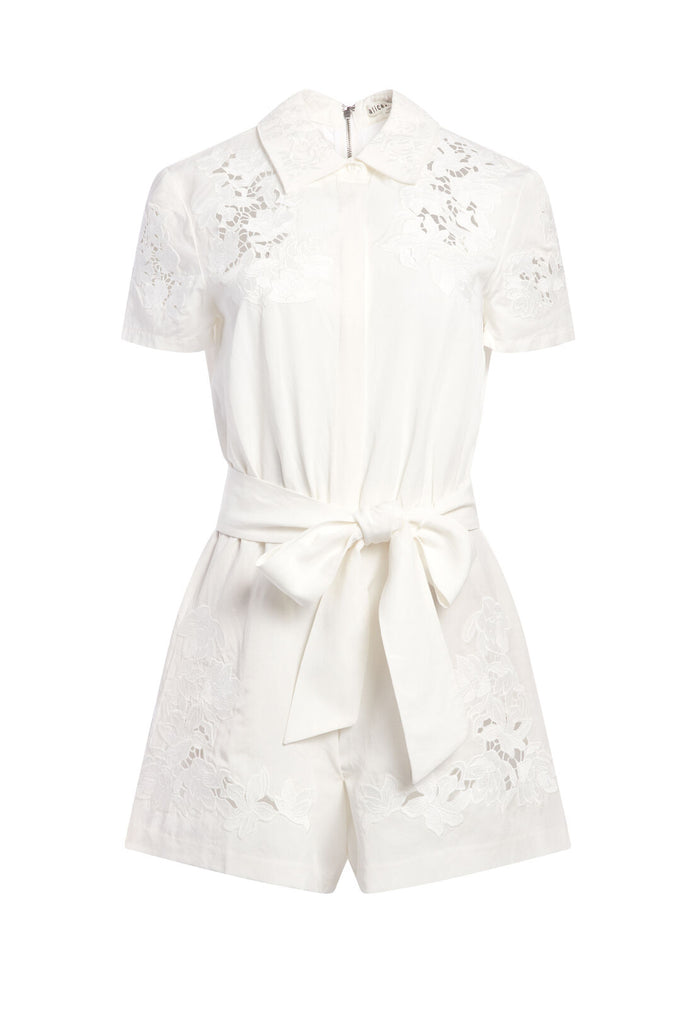 LANNA SS COLLARD ROMPER W BELT - OFF WHITE