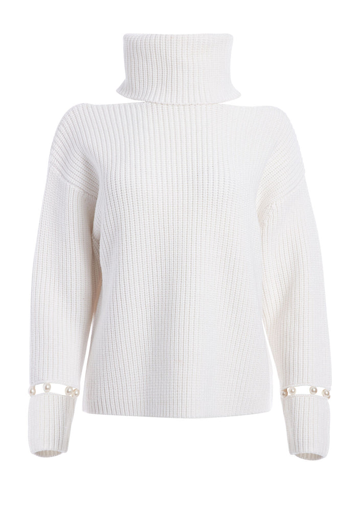LARA COLD SHOULDER PEARL PULLOVER - WHITE