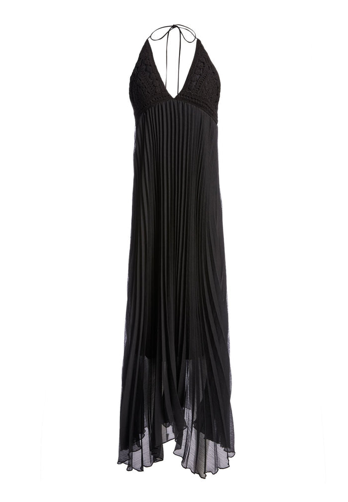 LARIETTE PLEATED RUFFLE MIDI DRESS - BLACK