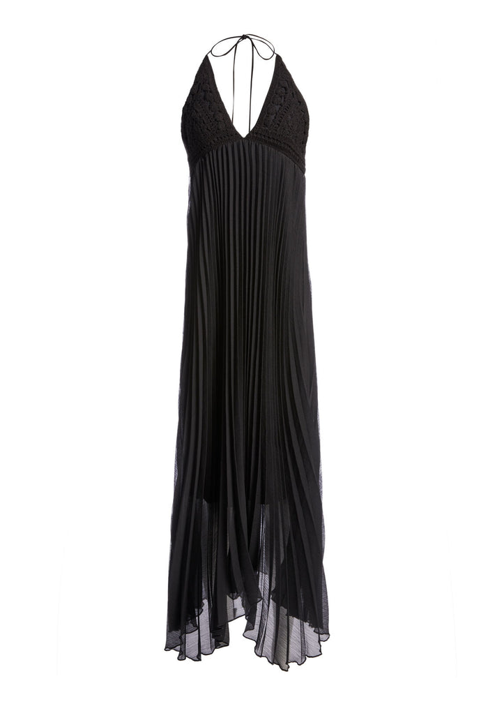 LARIETTE PLEATED RUFFLE MIDI DRESS - BLACK