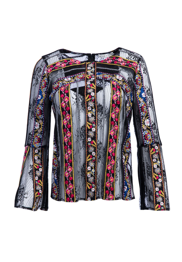 LARUE EMBROIDERED SLIT SLEEVE TOP - BLACK/MULTI