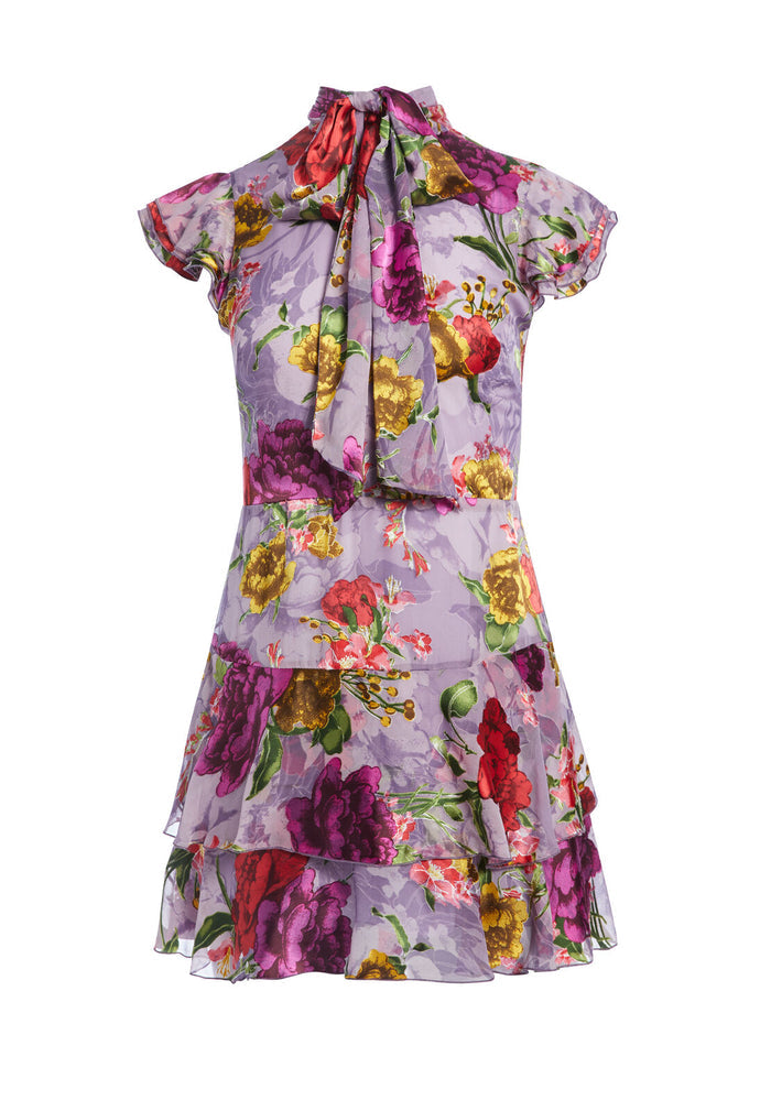 LASHAY TIE NK SHORT RUFFLE DRS - WATER LOTUS LAVENDER