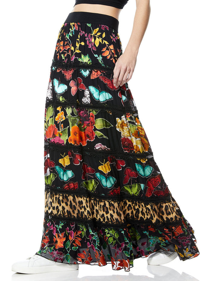 LESA PANELED MAXI SKIRT - LEAF COMBO