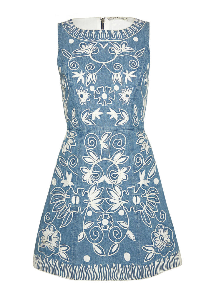 LINDSEY EMBR POUF DRESS - CHAMBRAY/CREAM