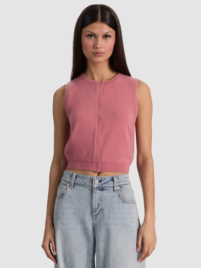 LOLY BUTTON FRONT CASHMERE VEST - DEEP ROSE