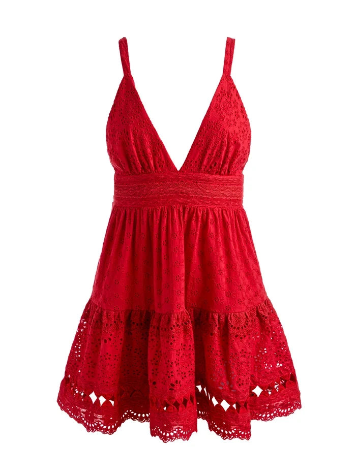LORENE EMBROIDERED MINI DRESS - CHILI PEPPER
