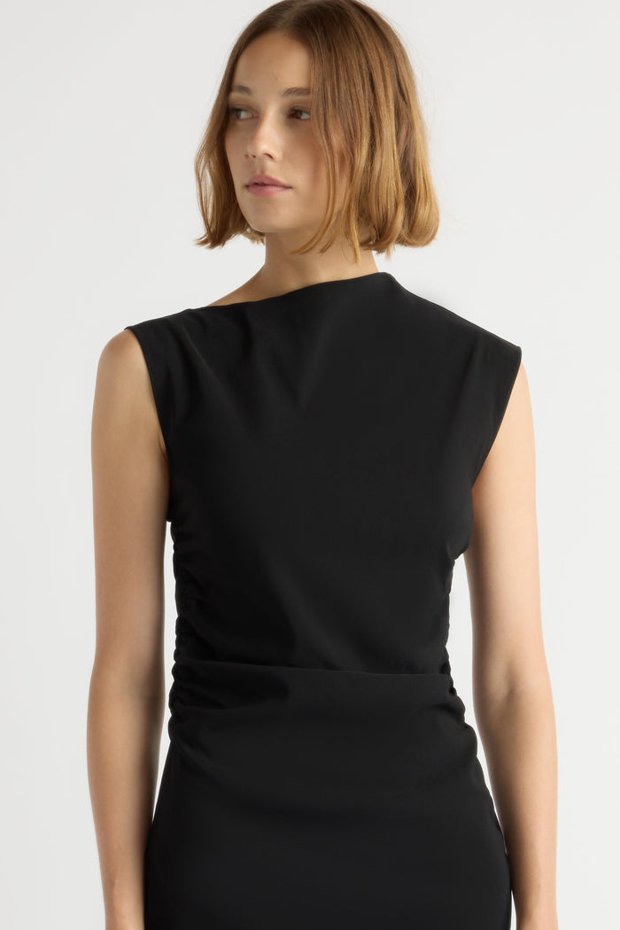 Mali | Manon Asymmetric-Neck Ruched Dress in Size Extra Small