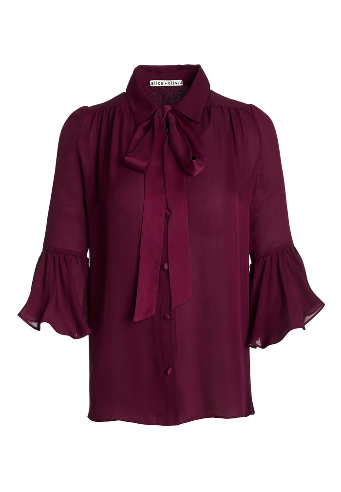 MAXIMA RUFFLE SLV TIE NK BTN - CURRANT