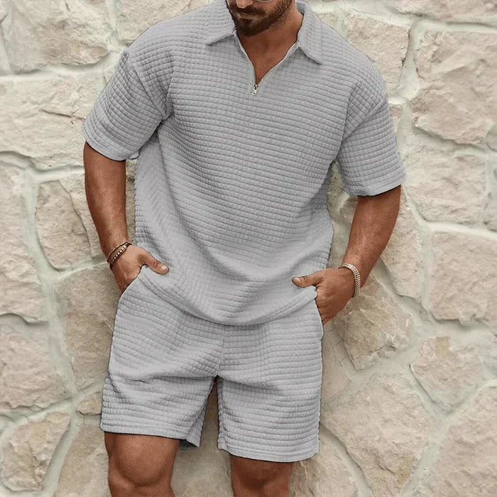 Men's Co-Ord Set — Zip Polo Drawstring Relaxed Fit Shorts